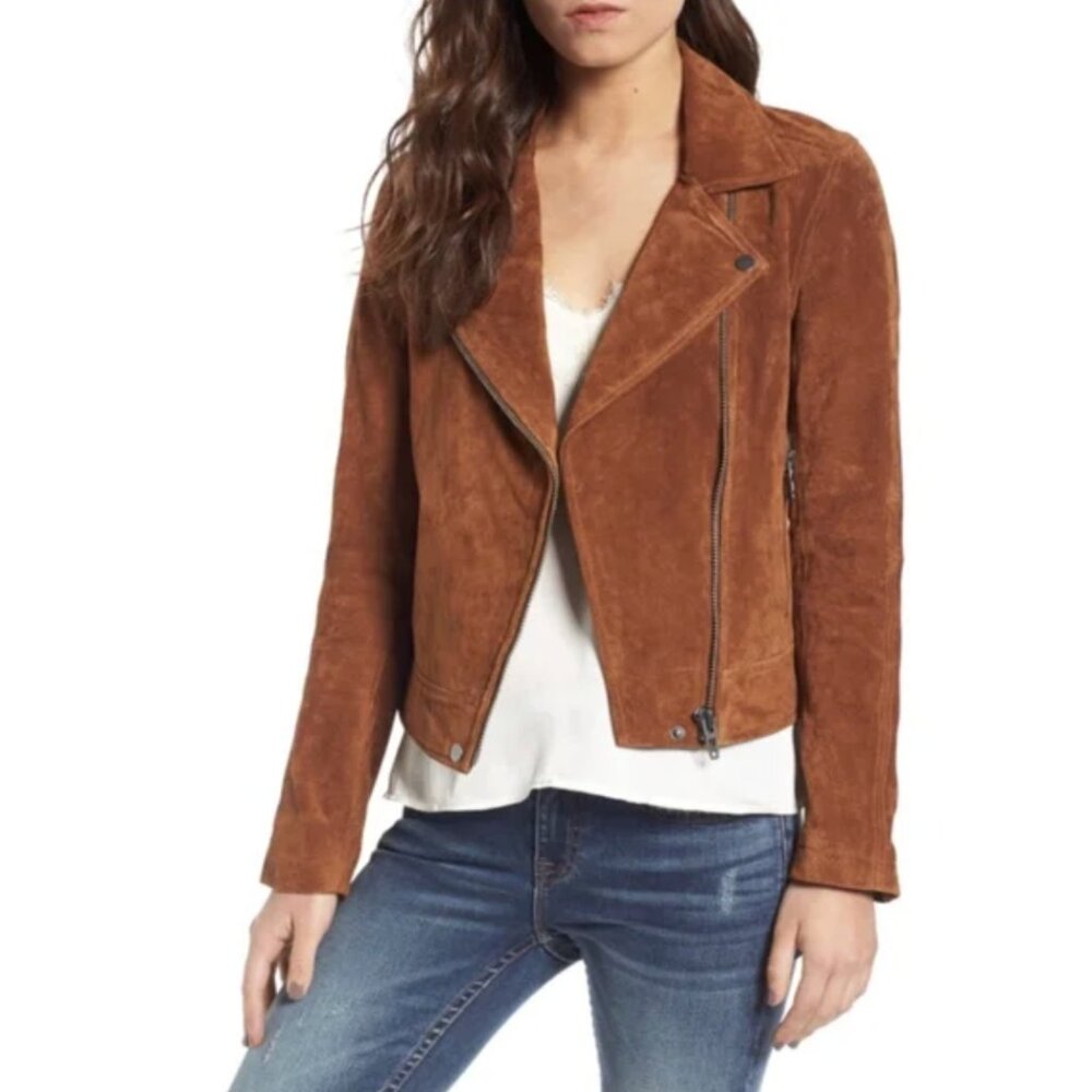 BLANKNYC Morning Suede Moto Jacket, Cognac, Size Medium